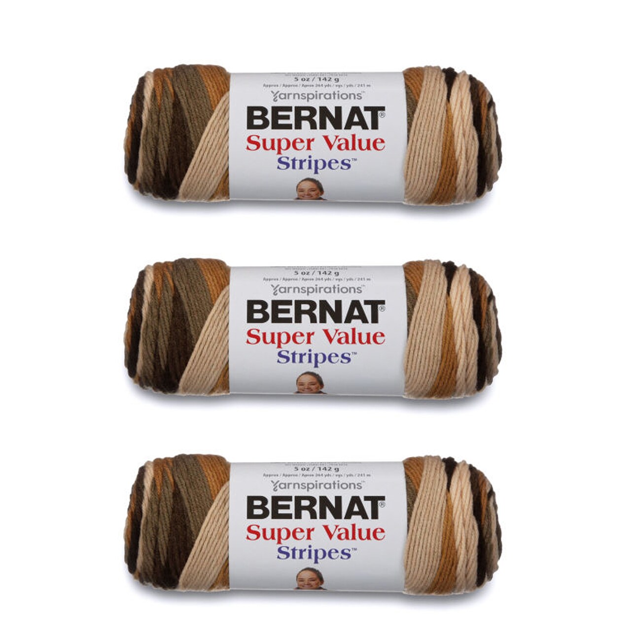 Bernat Super Value Beachwood Stripes Yarn - 3 Pack of 141g/5oz
